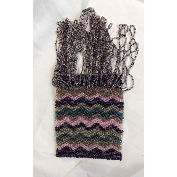 Beaded Purse Woven Small 6 Inch Handbag Multicolor Purple Silver Chevron Bead De - Picture 10 of 10